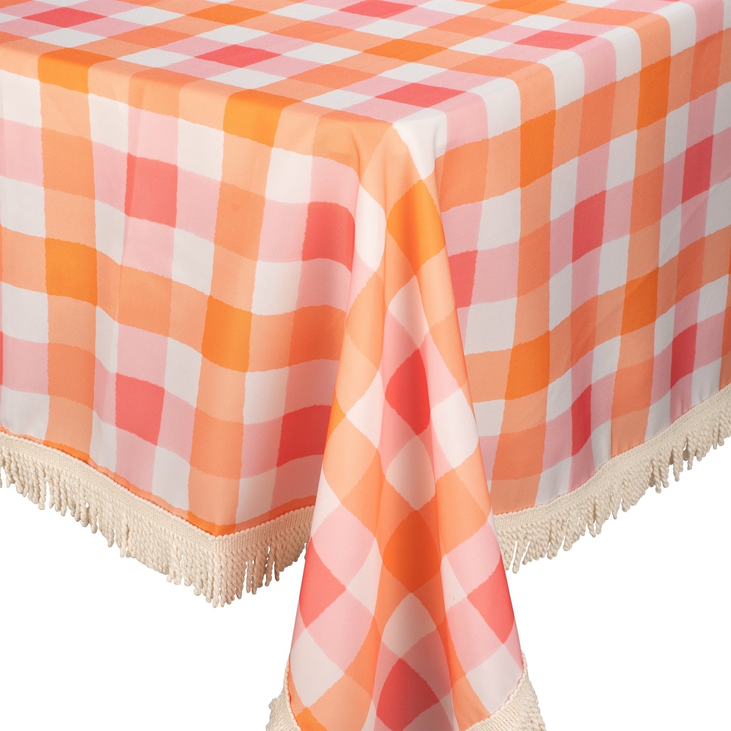 Watermelon Peach Check Fringed Tablecloth