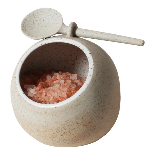 Salt Pig w Spoon - Raw Clay/White Speckle