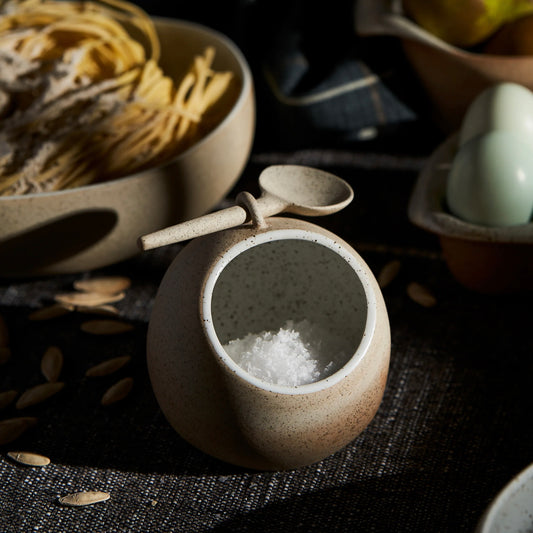 Salt Pig w Spoon - Raw Clay/White Speckle